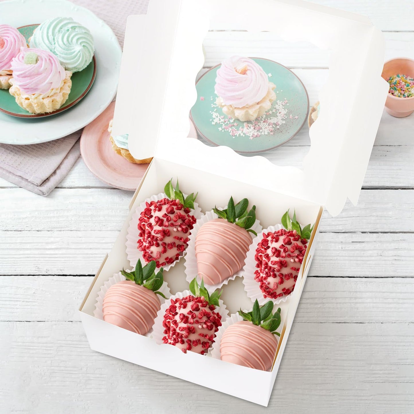 30 Pcs White Bakery Boxes with Window, 6 X 6 X 3 Inches, White Paperboard Treat Boxes for Cookies, Pastry, Cookies, Strawberries, Macarons