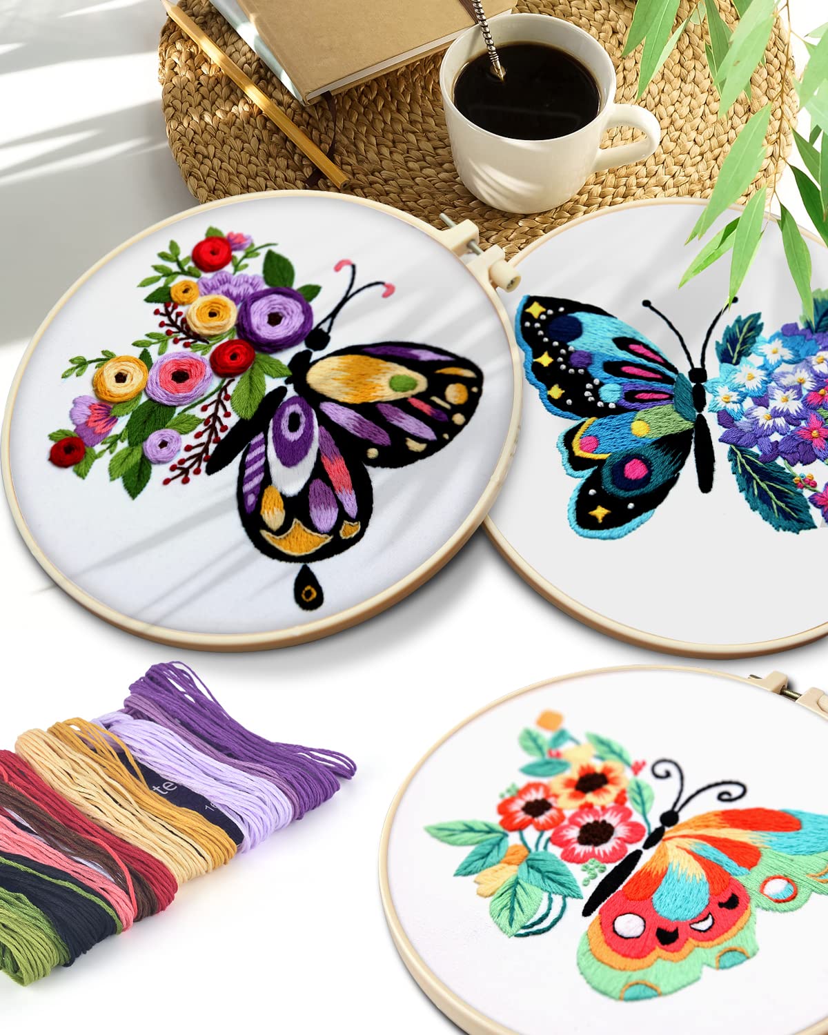3 Sets Embroidery Stitch Practice kit, Butterfly Flower Embroidery Kit for Beginners Include Cloth Hoops Threads for Craft Lover Hand Stitch with Embroidery Skill Techniques