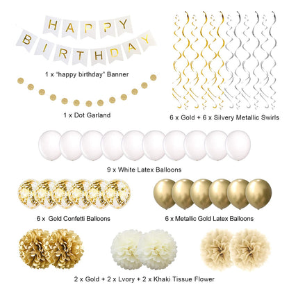 Gold Party Decorations, Happy Birthday Banner - 16th 18th 21th 30th 40th 50th 60th 70th Gold White Supplies Balloons