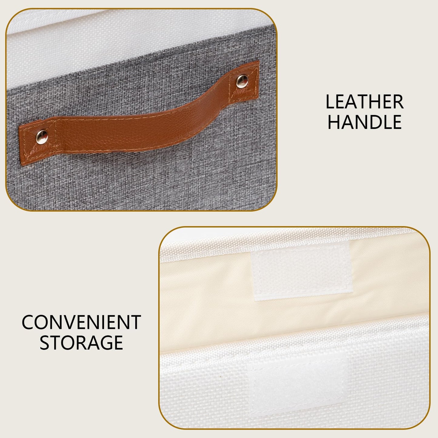 Storage Boxes with Lids, Linen Fabric Bin, Cube Organizer Basket, Washable and Leather Handle, for Home, Closet, White/Grey, 15.0''Lx9.8''Wx9.8''H, 1-Pack, USNK024WGL-1
