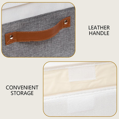 Storage Boxes with Lids, Linen Fabric Bin, Cube Organizer Basket, Washable and Leather Handle, for Home, Closet, White/Grey, 15.0''Lx9.8''Wx9.8''H, 1-Pack, USNK024WGL-1