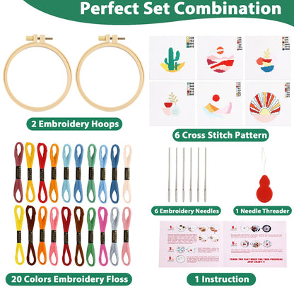 6PCS Cross Stitch Kits for Beginners DIY Embroidery Kit for Kids Adults Boho Cross Stitch Kits Christmas Birthday Gift Abstract Landscape Needlepoint Patterns with 2 Embroidery Hoops Craft Supplies