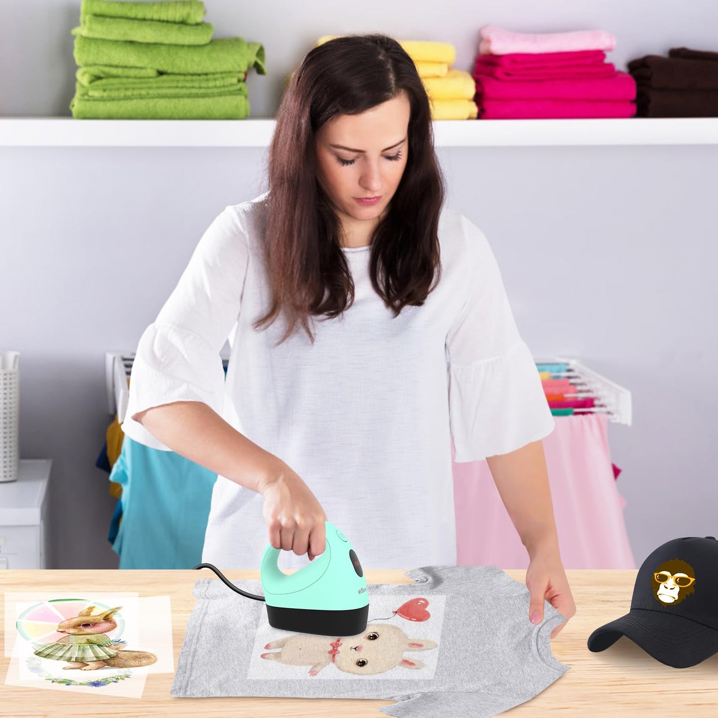 Mini Heat Press Machine, 3 Heat Settings& Fast Heating, 15 Mins Auto-Off, Insulated Safety Base, Mini Iron for Crafting, T Shirts, Hats, Heating Transfer Projects (Green)