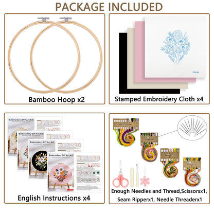 Flower Embroidery Kit for Beginners with Flower Pattern and Instructions,4 Pack Cross Stitch Kits,2 Wooden Embroidery Hoops,Threads and Needles,Needlepoint Kit for Adults
