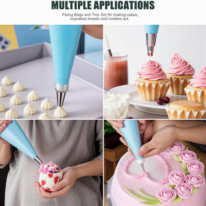 Piping Bags and Tips Set, Reusable Cake Decorating Supplies with 2 Reusable Bags, 12 Icing Tips, 2 Silicone Rings, 2 Couplers and 3 Scrapers, Cake Baking Tools for Cookie Icing Cupcakes