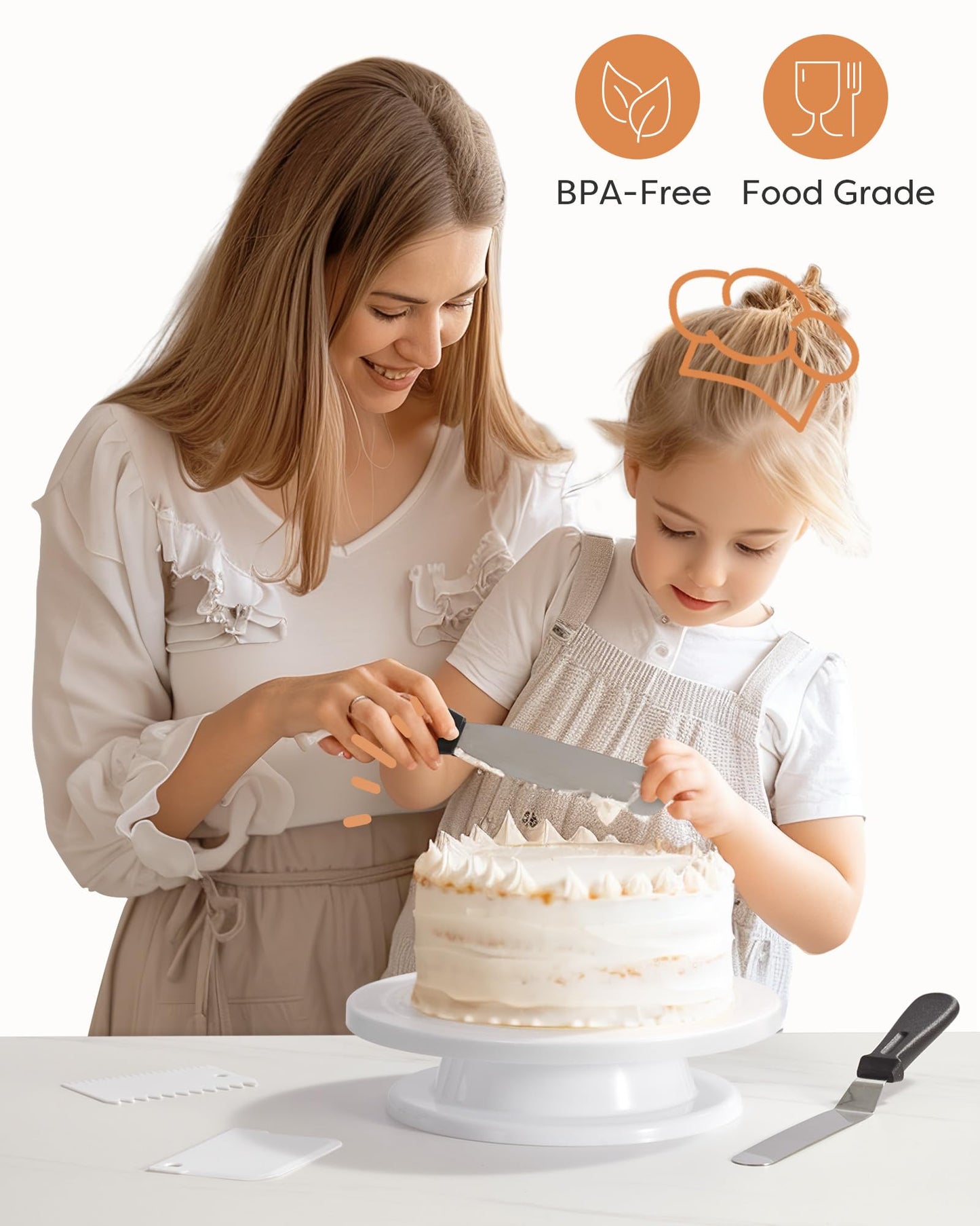 Cake Decorating Kit Baking Supplies Cake Turntable with 2 Frosting Straight Angled Spatula 3 Icing Smoother Scrapers Baking Accessories Tools for Beginners and Pros, White