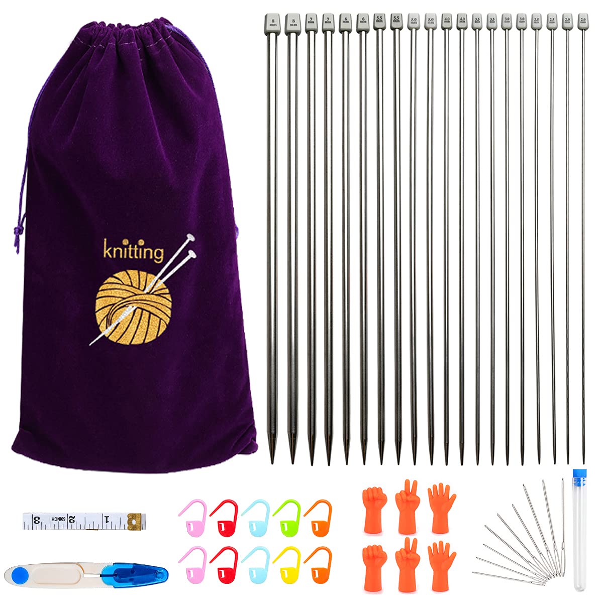 11 Pairs Knitting Needle Set, 10'' Length Stainless Steel Single Pointed Sweater Staight Needle Kit in Different Sizes, Great for Weaving or Knitting