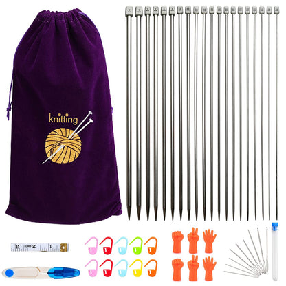 11 Pairs Knitting Needle Set, 10'' Length Stainless Steel Single Pointed Sweater Staight Needle Kit in Different Sizes, Great for Weaving or Knitting