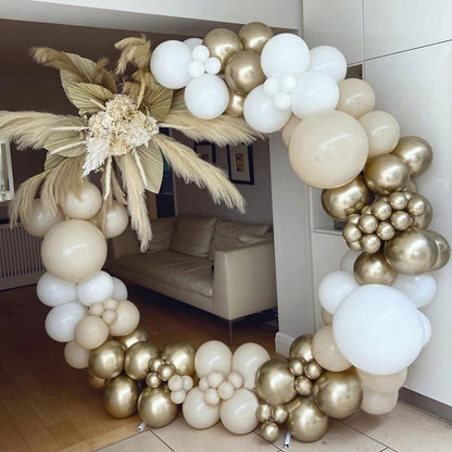 White Sand Gold Balloons Garland Arch Kit,156PCS White Nude Balloons with Metallic Chrome Gold Latex Balloons for Boho Wedding Baby Bridal Shower Engagement Anniversary Birthday Decorations Backdrop