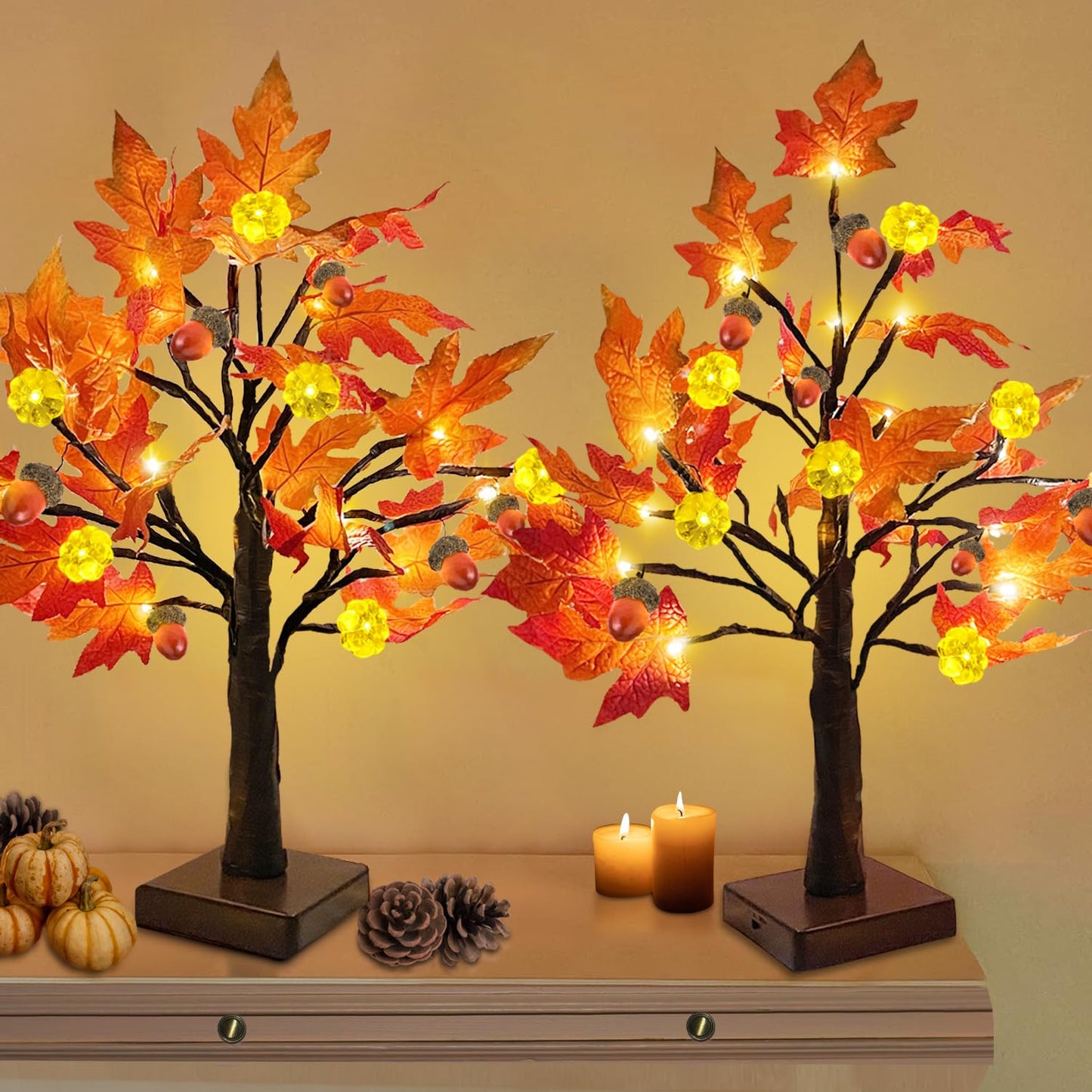 [ 2 Pack & Timer ]   24 Inch Lighted Maple Tree Fall Decor, Total 48 LED Battery Operated Tabletop Artificial Tree Design Patent Pumpkin & Acorn Thanksgiving Halloween Decoration Home Indoor