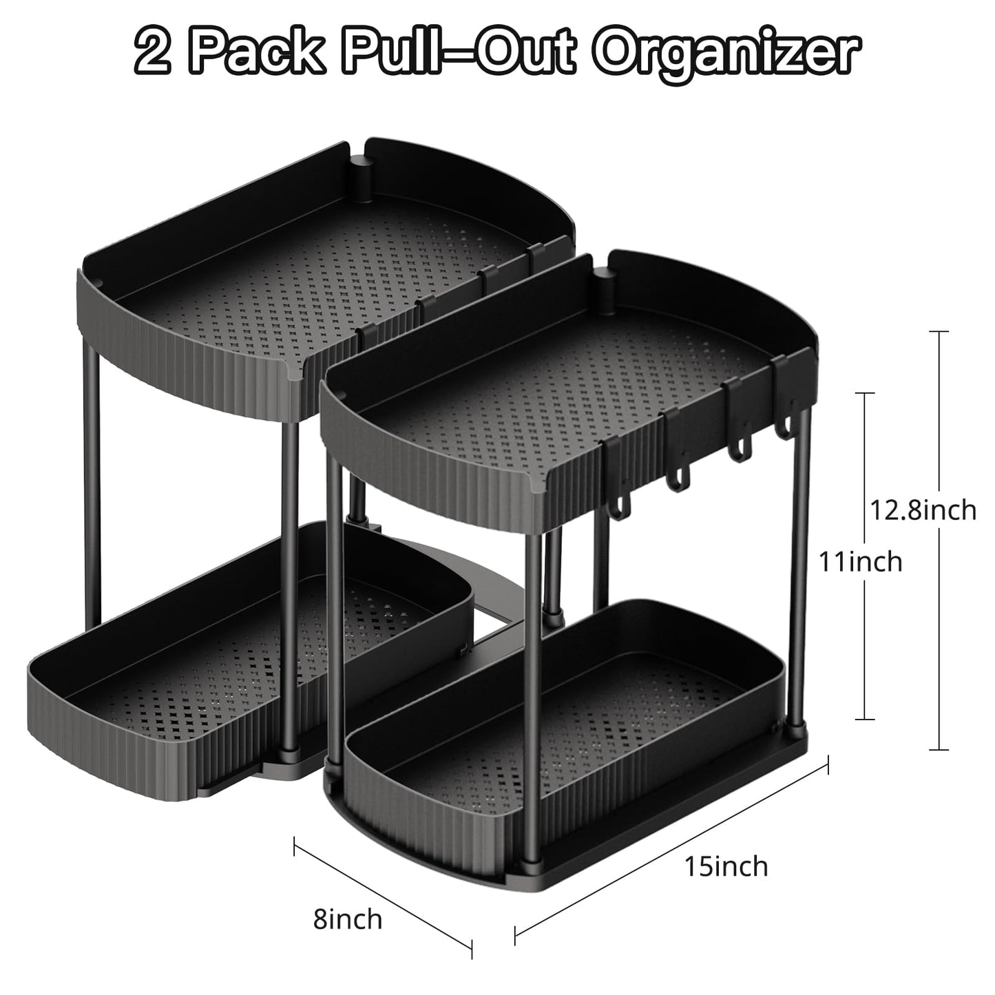 2 Pack Multi-Purpose Pull-Out Storage Organizers, Under Sink Organizers and Storage for Bathroom & Kitchen, Under Cabinet Organizers and storage, 12.8 Inch, Black