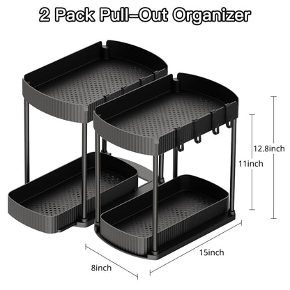 2 Pack Multi-Purpose Pull-Out Storage Organizers, Under Sink Organizers and Storage for Bathroom & Kitchen, Under Cabinet Organizers and storage, 12.8 Inch, Black