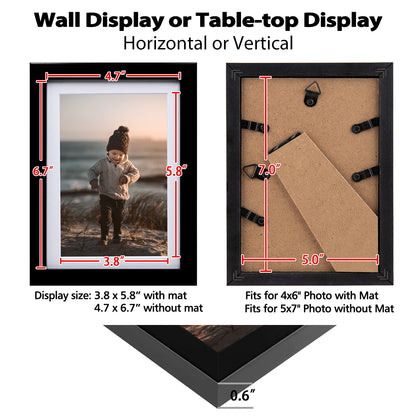5x7 Picture Frame Black Set of 4, Wooden Photo Frames Matted 4x6 with Plexiglass for 4x6 with Mat or 5x7 without Mat for Table and Wall Display