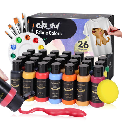 Permanent Fabric Paint, 26 Colors Soft Fabric Paint in Bottles (30ml/1oz) with Brushes, Palette,Non-Toxic Textile Paint for Creative DIY Clothes, T-Shirts, Shoes Art and Crafts
