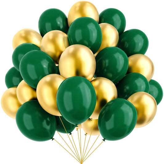 Green and Gold Balloons, 67pcs 12 Inch Metallic Gold and Dark Green Balloons for Birthday, Graduation, St. Patrick's Day, Baby Shower, Jungle Party Decorations