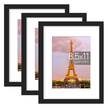 8.5x11 Picture Frame Set of 3, Made of High Definition Glass for 6x8 with Mat or 8.5x11 Without Mat, Wall and Tabletop Display Photo Frames, Black