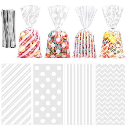 100 Pack White Cellophane Bags Plastic 10.6 x 5.1 Inch Candy Bags Gift Bags Goodie Bags with Twist Ties for Valentine, Birthday, Gift Cookie Snack Packing Party Favor Supplies