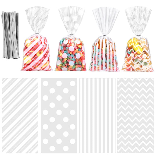 100 Pack White Cellophane Bags Plastic 10.6 x 5.1 Inch Candy Bags Gift Bags Goodie Bags with Twist Ties for Valentine, Birthday, Gift Cookie Snack Packing Party Favor Supplies