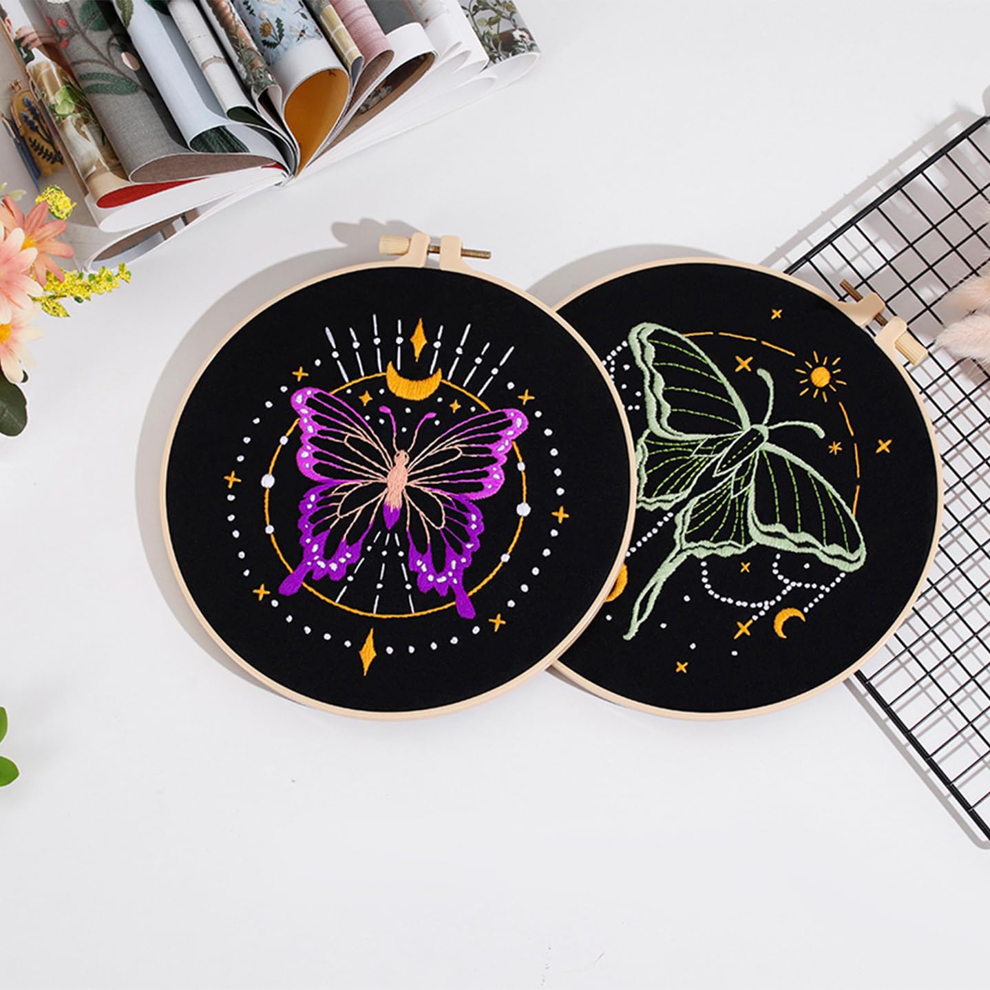 3 Sets Tarot Embroidery Kits for Beginners,Cross Stitch Kit for Adults,Crewel Starters Needlepoint with Moon, Butterfly, Bee and Moth Pattern and Tool