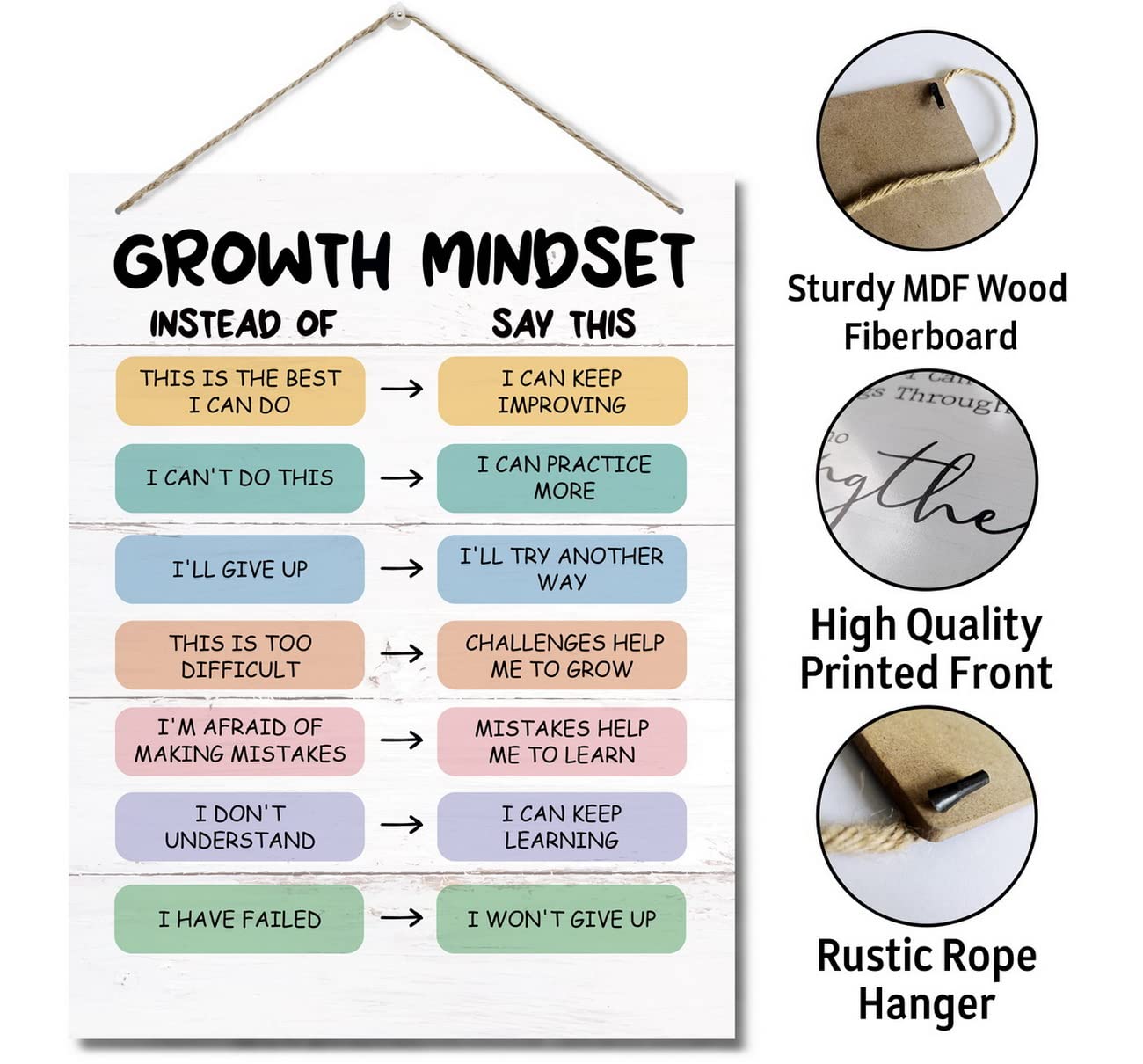Growth Mindset Decor Sign, Hanging Printed Wall Plaque Wood Signs, School Psychologist Wall Art for Office Decor, Counselor Posters CBT Classroom Challenging Negative Thoughts, Gifts for Kids 10X7.8in