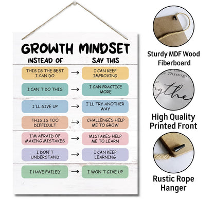 Growth Mindset Decor Sign, Hanging Printed Wall Plaque Wood Signs, School Psychologist Wall Art for Office Decor, Counselor Posters CBT Classroom Challenging Negative Thoughts, Gifts for Kids 10X7.8in
