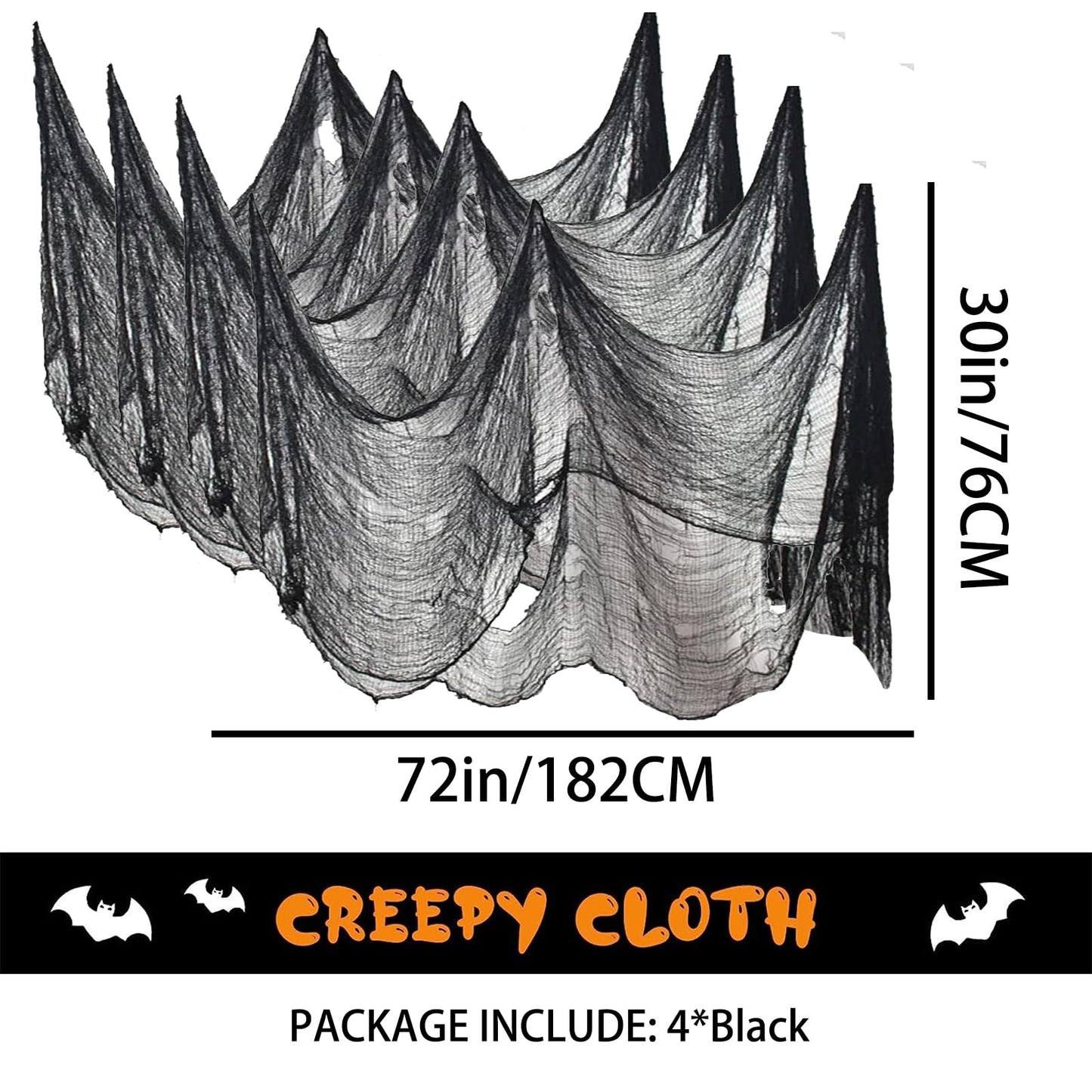 4 Pack Halloween Creepy Cloth Decorations, 30X72 Inch Black Scary Gauze, Spooky Decor for Haunted House, Outdoor Patio, Garden, Indoor Wall Windows - Black Cheesecloth