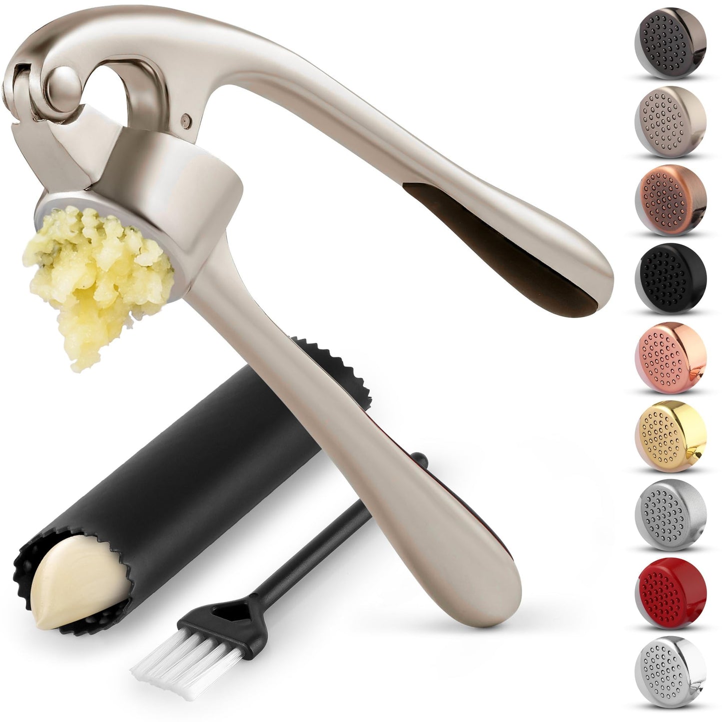 Kitchen Premium Garlic Press Set - Rust Proof & Dishwasher Safe Professional Garlic Mincer Tool - Easy-Squeeze, Easy-Clean with Soft, Ergonomic Handle - Silicone Garlic Peeler & Brush (Silver)