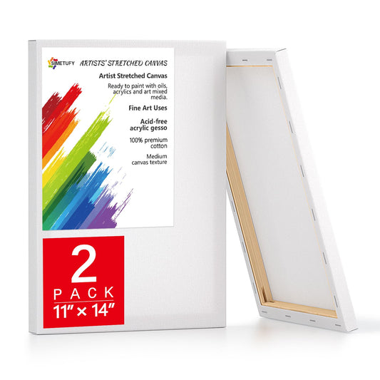 2 Pack Stretched Canvas for Painting 11x14 Inch, 100% Cotton Blank Painting Canvas for Acrylic or Oil Paint, Pre-Primed, 5/8 Inch Profile
