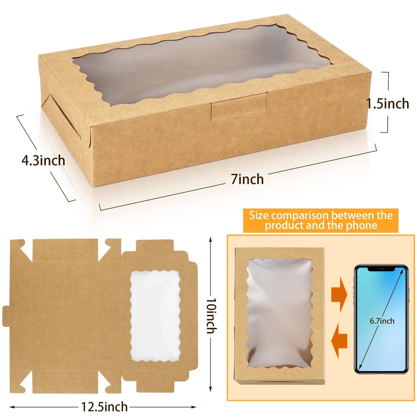 30 Pack 7" x 4 3/8" x 1 1/2" Small Kraft Cookie Boxes with Clear Window - Ideal for Desserts, Pastries & Candies - Perfect for Weddings, Parties & More