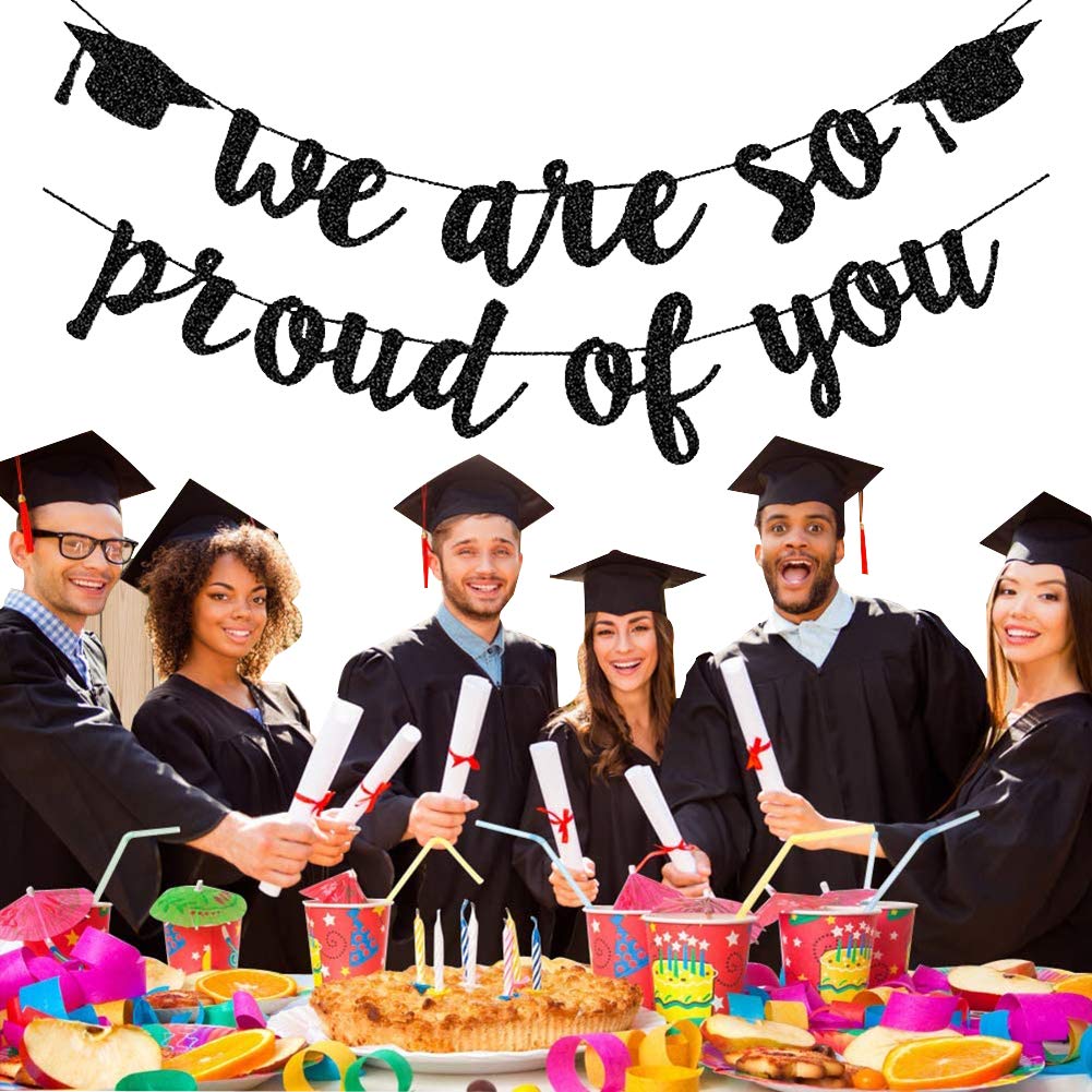 2025 Graduation Banners Party Decorations, Black Glitter We are So Proud of You Graduation Banners Garland for Congratulation Graduations Party Supplies, School, Home, Car Decorations