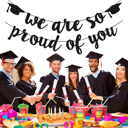 2025 Graduation Banners Party Decorations, Black Glitter We are So Proud of You Graduation Banners Garland for Congratulation Graduations Party Supplies, School, Home, Car Decorations