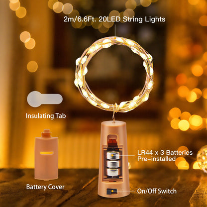 Wine Bottle Lights with Cork, 10 Pack 20 LED Waterproof Battery Operated Cork Lights, Silver Wire Mini Fairy Lights for Liquor Bottles DIY Party Bar Christmas Wedding Décor