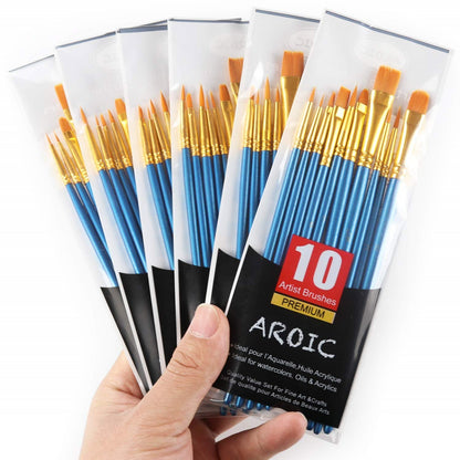 6 Packs / 60 pcs Nylon Hair Brushes for All Purpose Oil Watercolor Painting Artist Professional Kits