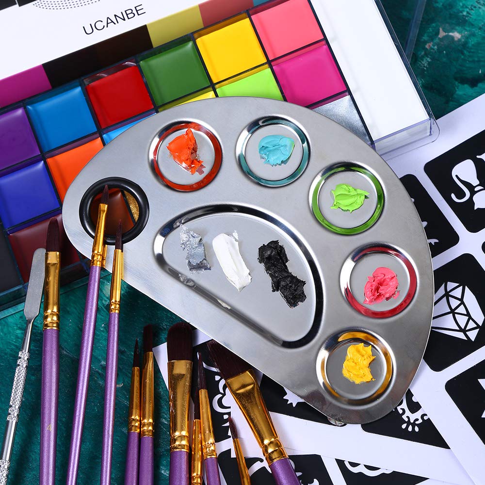 Face Body Paint Oil Makeup Set, 20 Colors FX Halloween Party Painting with Stainless Steel Mixing Palette and Spatula Tool,10 pcs Artist Paintbrushes,Tattoo Stencil Arts Crafts kit