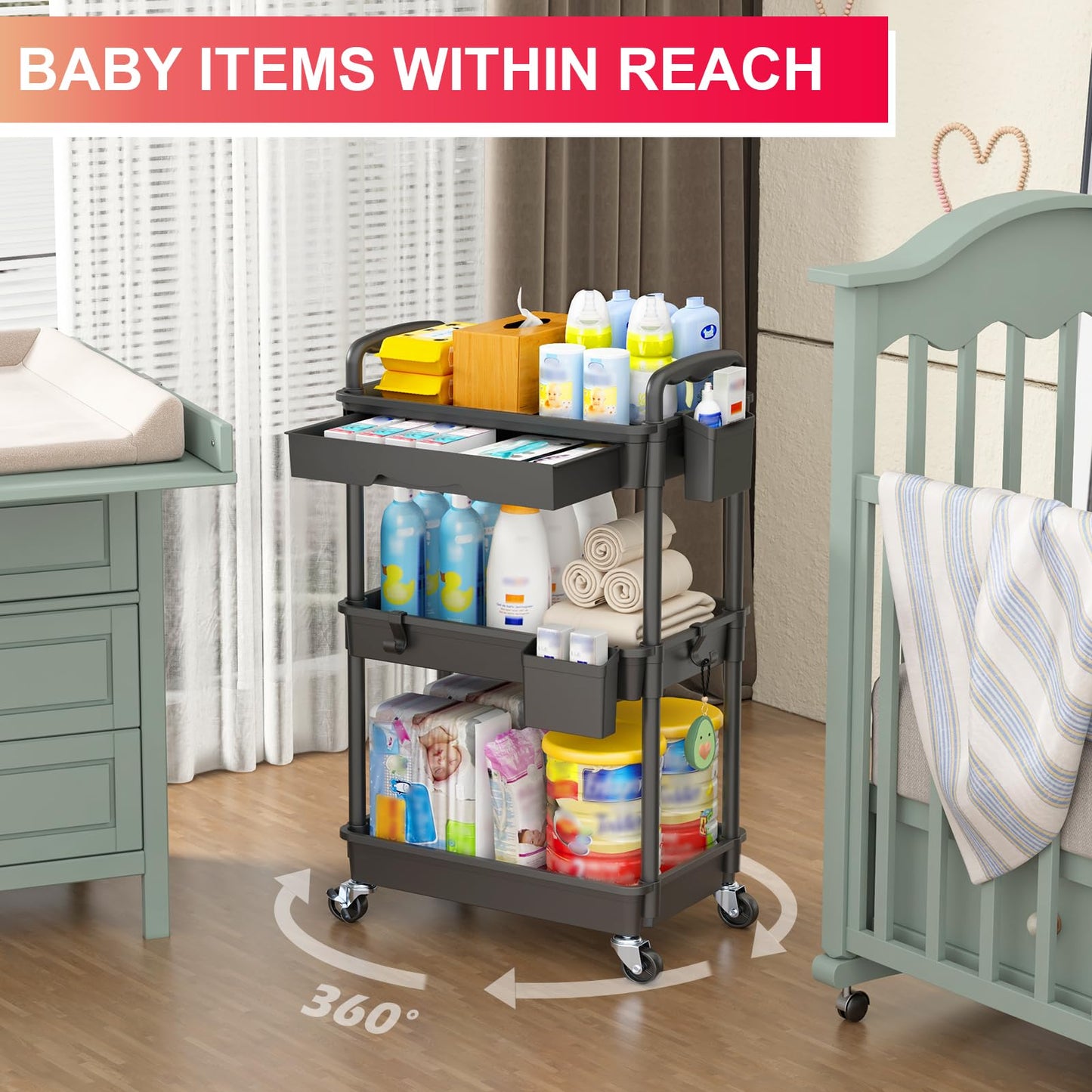 3 Tier Rolling Utility Cart Organizer with Removable Drawer, Stable and Sturdy Black Rolling Storage Carts with 2 Lockable Wheels for Bathroom, Kitchen, Snack, Craft, Makeup, Baby Essentials
