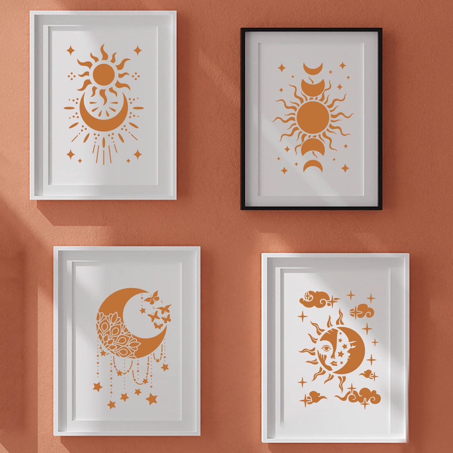 9PCS/Set Sun Moon Wall Stencils for Painting 12x8 Mandala Tile Stencil Large Flower Star Concrete Floor Stencils Reusable Drawing Template for Painting Wood Canvas Furniture Patio Home Decor