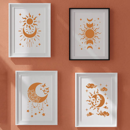 9PCS/Set Sun Moon Wall Stencils for Painting 12x8 Mandala Tile Stencil Large Flower Star Concrete Floor Stencils Reusable Drawing Template for Painting Wood Canvas Furniture Patio Home Decor