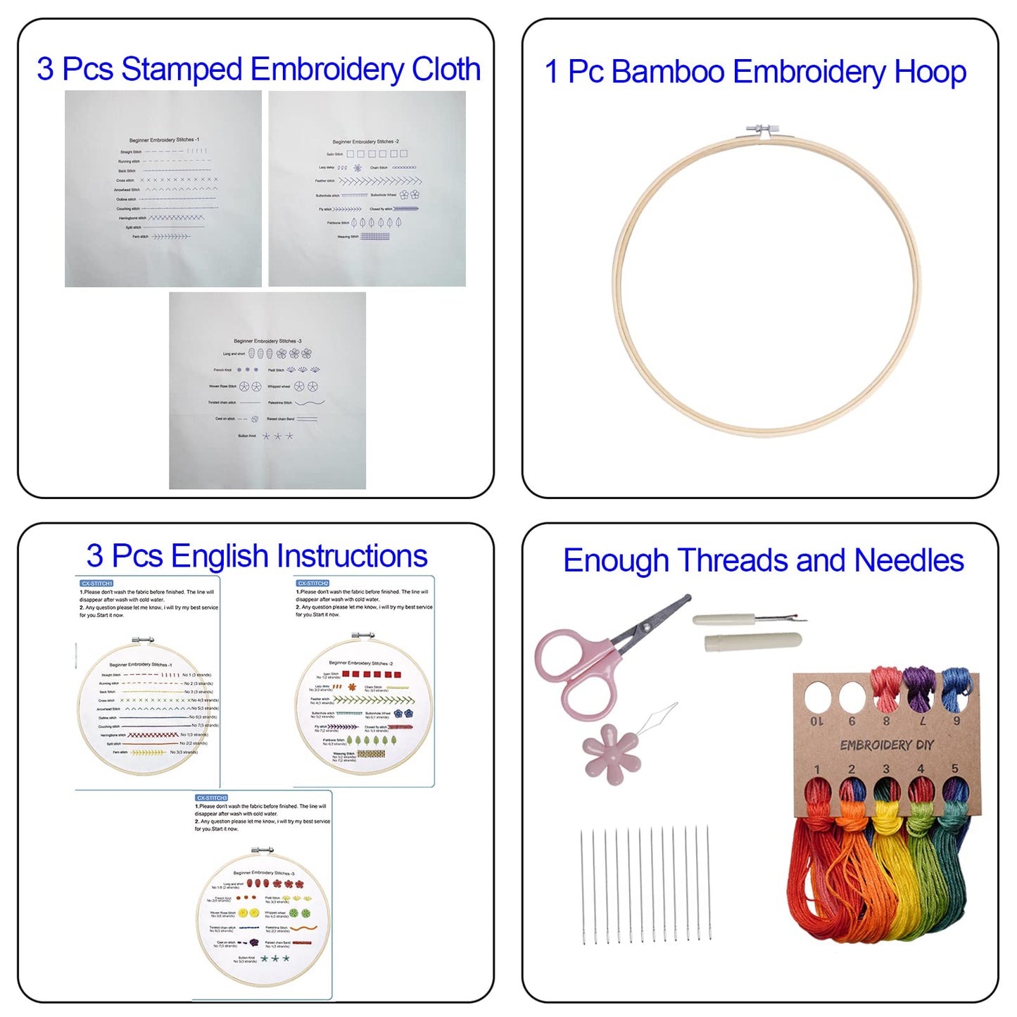 Beginners Embroidery Practice kit 3 Sets to Learn 30 Different Stitches for Craft Lover Hand Stitch with Embroidery Fabric with Skill Techniques