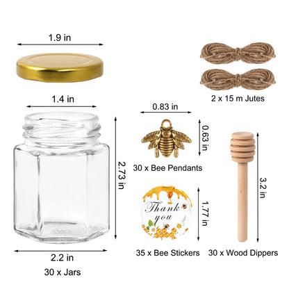 3 Ounce Hexagonal Mini Glass Honey Jar with Wooden Dips, 30 Honey Jars with Gold Lid, Bee Pendant, Jute, 35 Bees Stickers, Great for Baby Showers, Party Gifts, Wedding Gifts