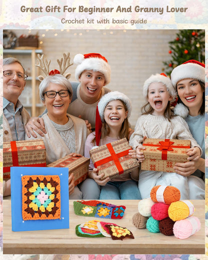 Beginner Crochet Kit for Adults & Kids - Granny Square Blanket & Bags Kit Includes Crochet Blocking Mat & Book
