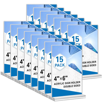 Acrylic Sign Holder 4x6, 15 Pack Clear Double Sided Menu Vertical Display Stand, Desktop Paper Holder Suitable for Restaurants, Office, Store, Show Fair
