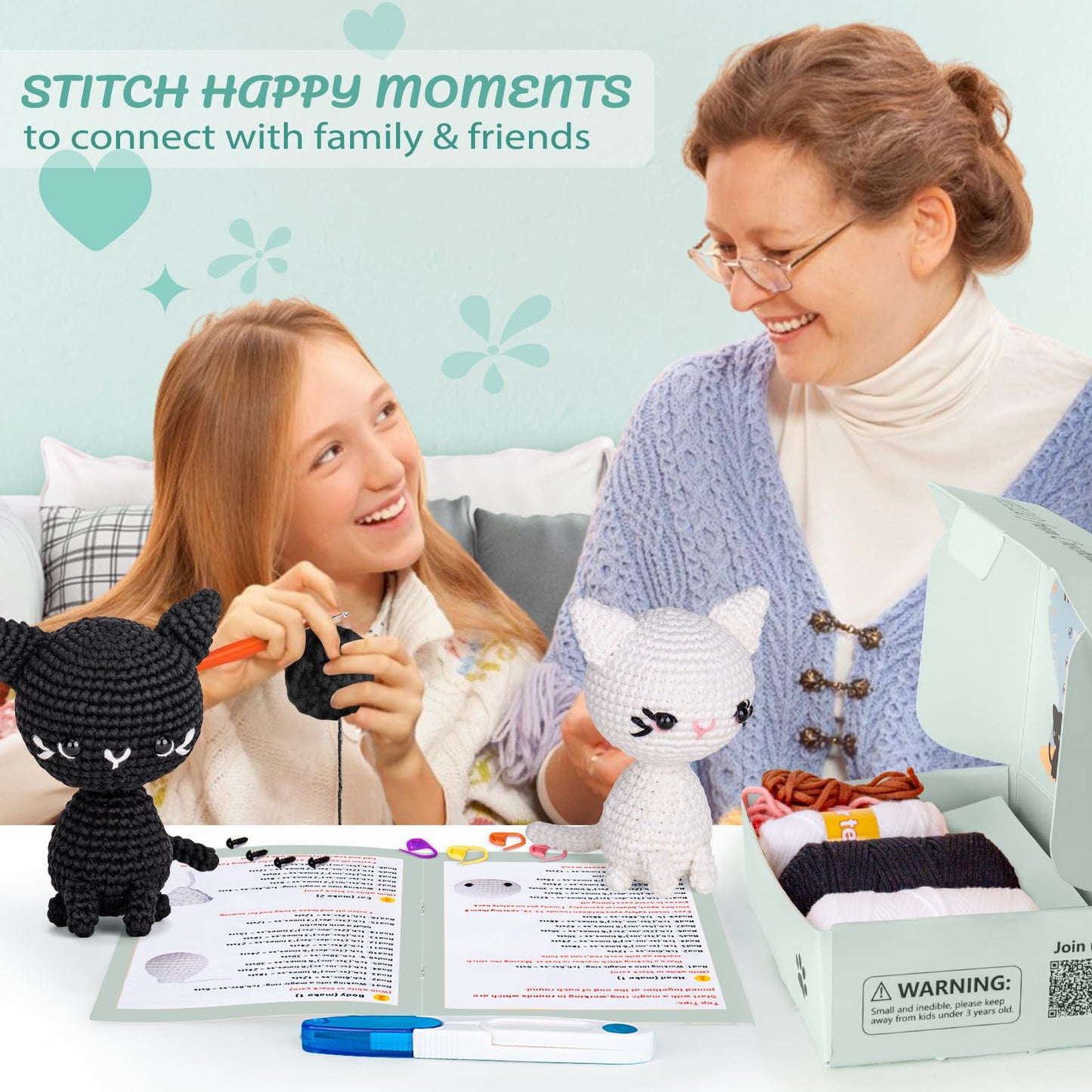 Crochet Kit for Beginners, Crochet Starter Kit with Step-by-Step Video Tutorials, Crochet Animal Kits for Adults Kids, DIY Craft Supplies (Magical Cats)