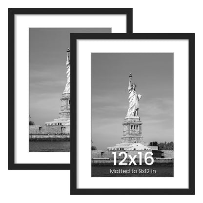 12x16 Picture Frame, Display Poster 9x12 with Mat or 12 x 16 Without, Wall Gallery Photo Frames, Black, 2 Pack