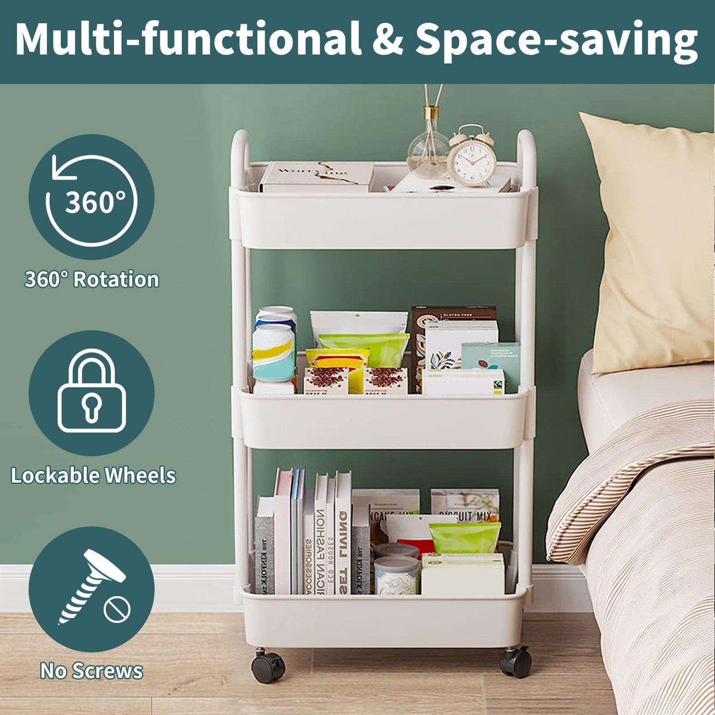 3 Tier Rolling Cart, Plastic Diaper Cart Organizer with Wheels, Roller Cart for Diapers, Baby Nursery, Kitchen, Bathroom, Living Room and Bedside, White