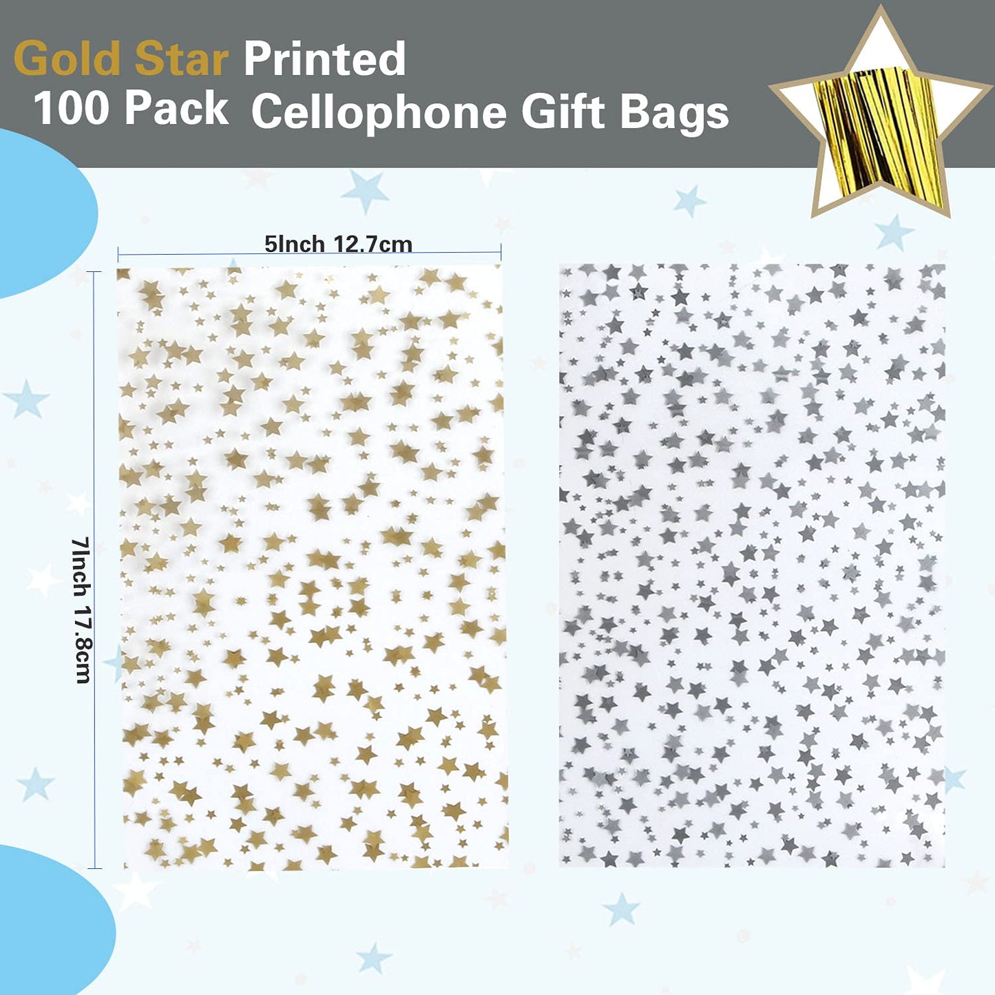 100 Pcs Star Printed 5"X 7" Gift Wrap Cello Cellophane Treat Bags Party Favor bags Clear Candy Cookie Bags Plastic Poly Goodie Storage Bags with Twist Ties for Bakery,Birthday, Wedding ,Party Decorations (Gold)