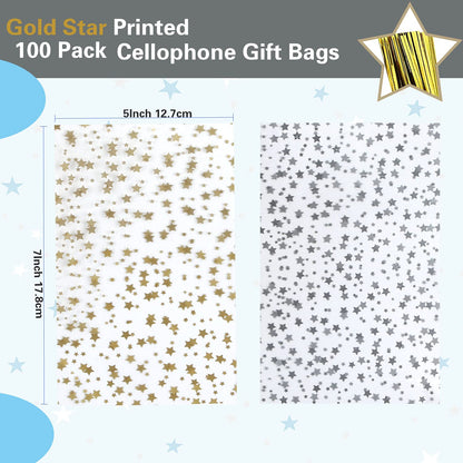 100 Pcs Star Printed 5"X 7" Gift Wrap Cello Cellophane Treat Bags Party Favor bags Clear Candy Cookie Bags Plastic Poly Goodie Storage Bags with Twist Ties for Bakery,Birthday, Wedding ,Party Decorations (Gold)