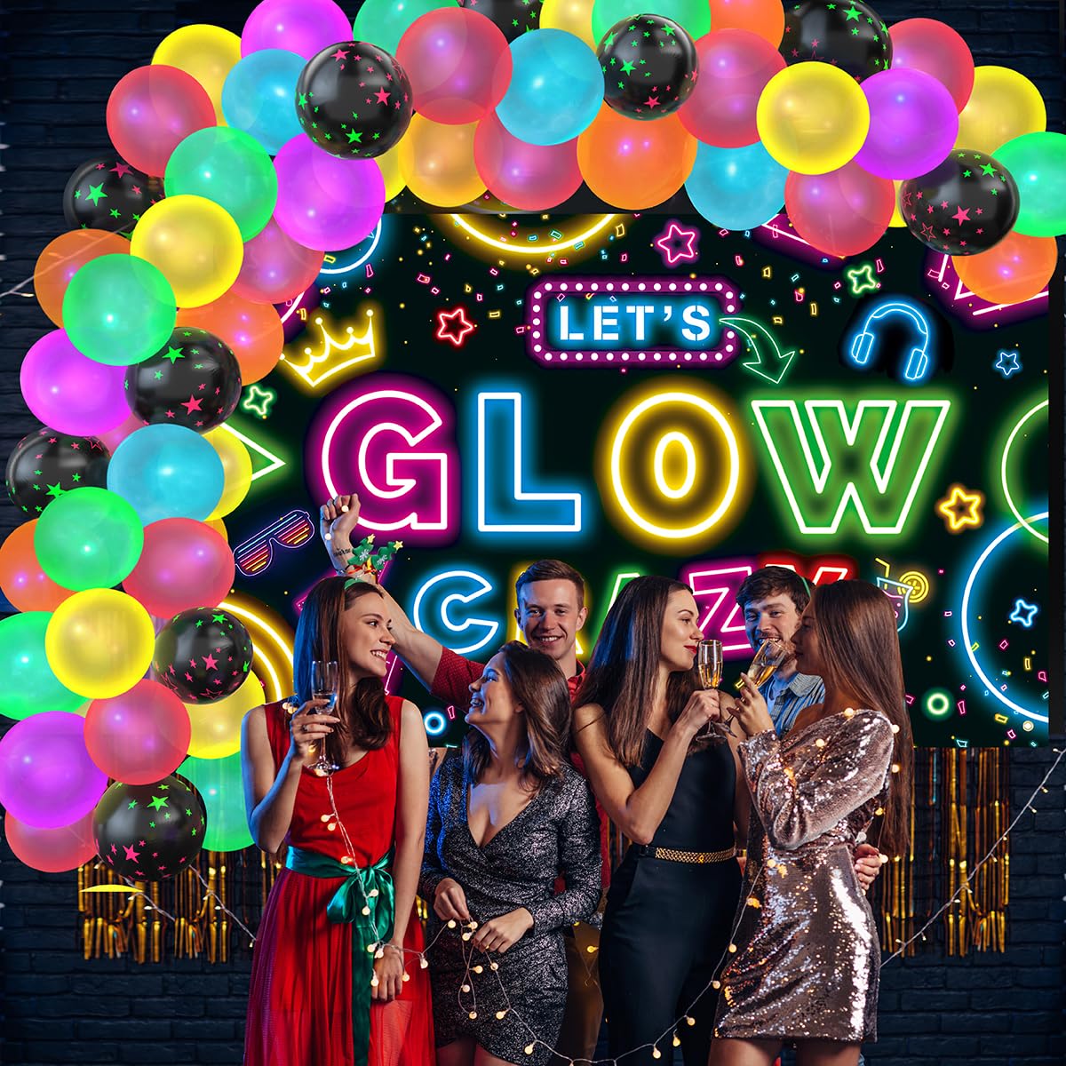 Neon Glow Party Decorations Glow in the Dark Party Supplies 60Pcs UV Blacklight Luminous Neon Balloons Arch Kit and Let's Glow Crazy Decorations Backdrop for Birthday Sleppover Decor