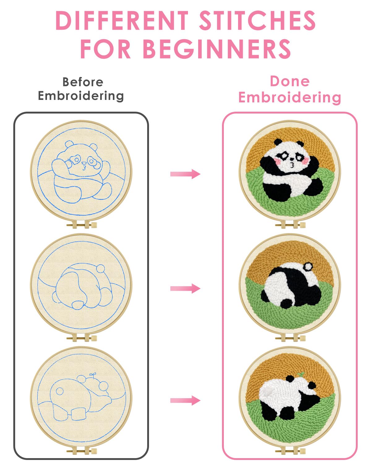 3 Sets Punch Needle Embroidery Kits, Panda Punch Needle Kits for Adults Beginner, Tool with Punch Needle Fabric, Hoops, Yarns and Sewing Needles