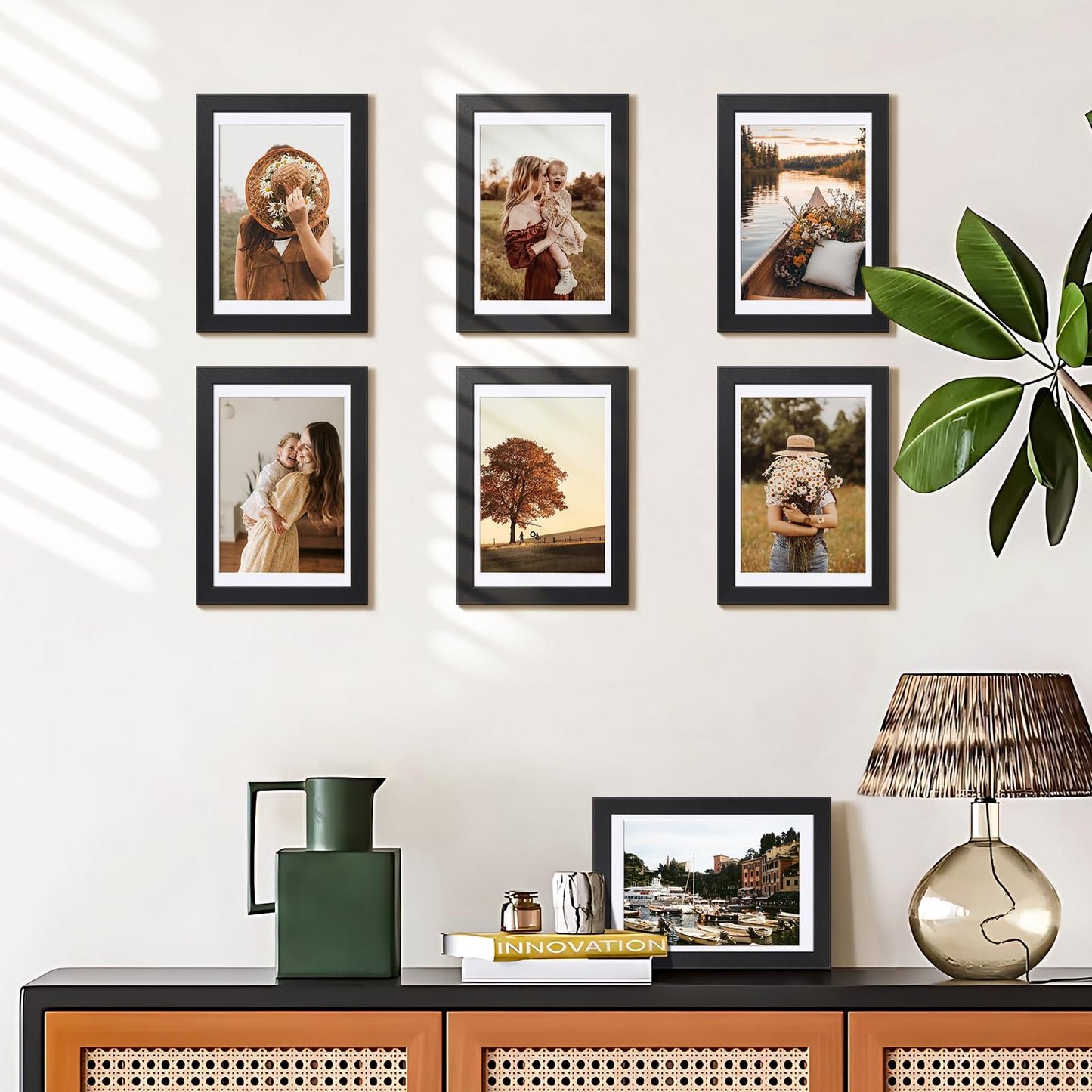 4x6 Picture Frame Set of 5, Black Frames Display Photo 3.5x5 with Mat or 4x6 without, Gallery Wall Frame Set, Wall or Tabletop Display (Black)