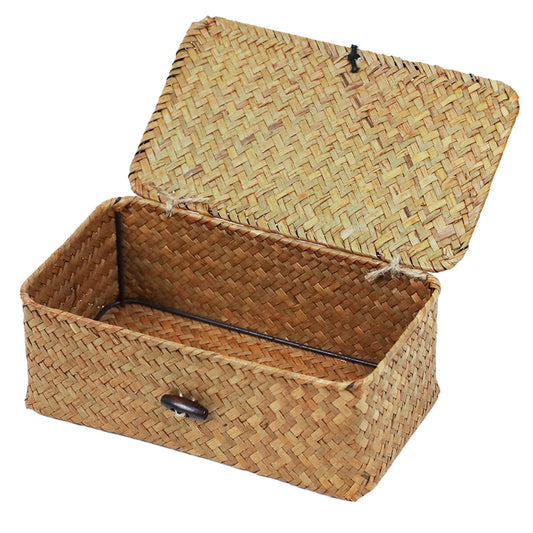 Storage Basket with Lid, Natural Seagrass Storage Baskets for Organizing, Rectangular Woven Basket for Storage, Decorative Boxes Bins with Lids Home Organizer Decor